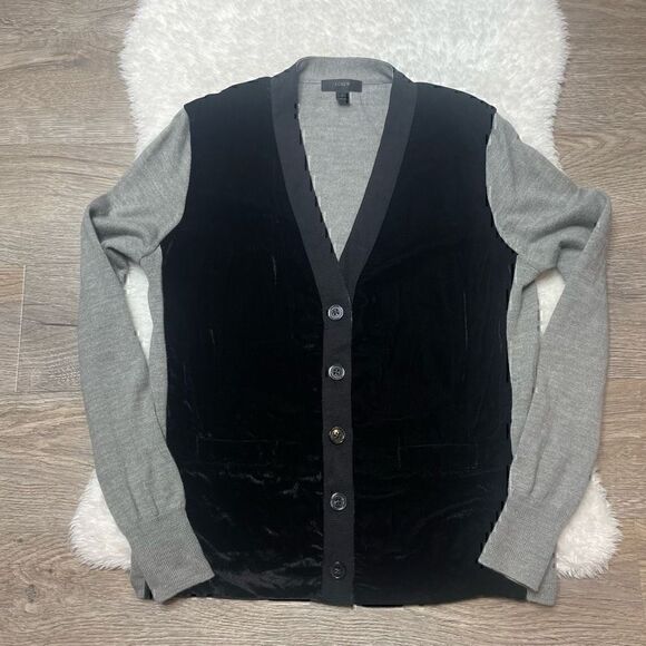 J Crew Cardigan Sweater Velvet Black Grey Size Small Button Vneck - Picture 1 of 9